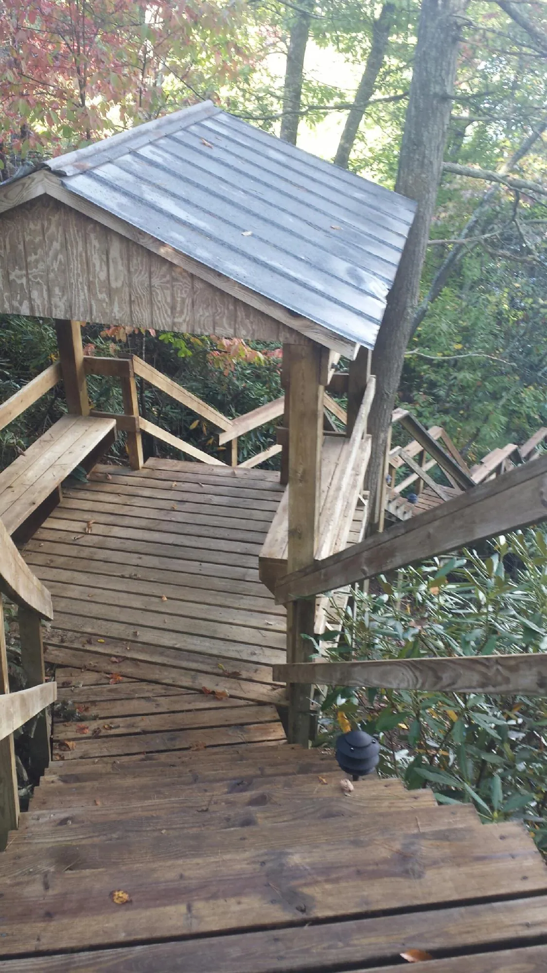 Metal roofed shelter over wooden steps on a wooded walkway — Skylight Repair & Installation work by our crew in Idyllwild