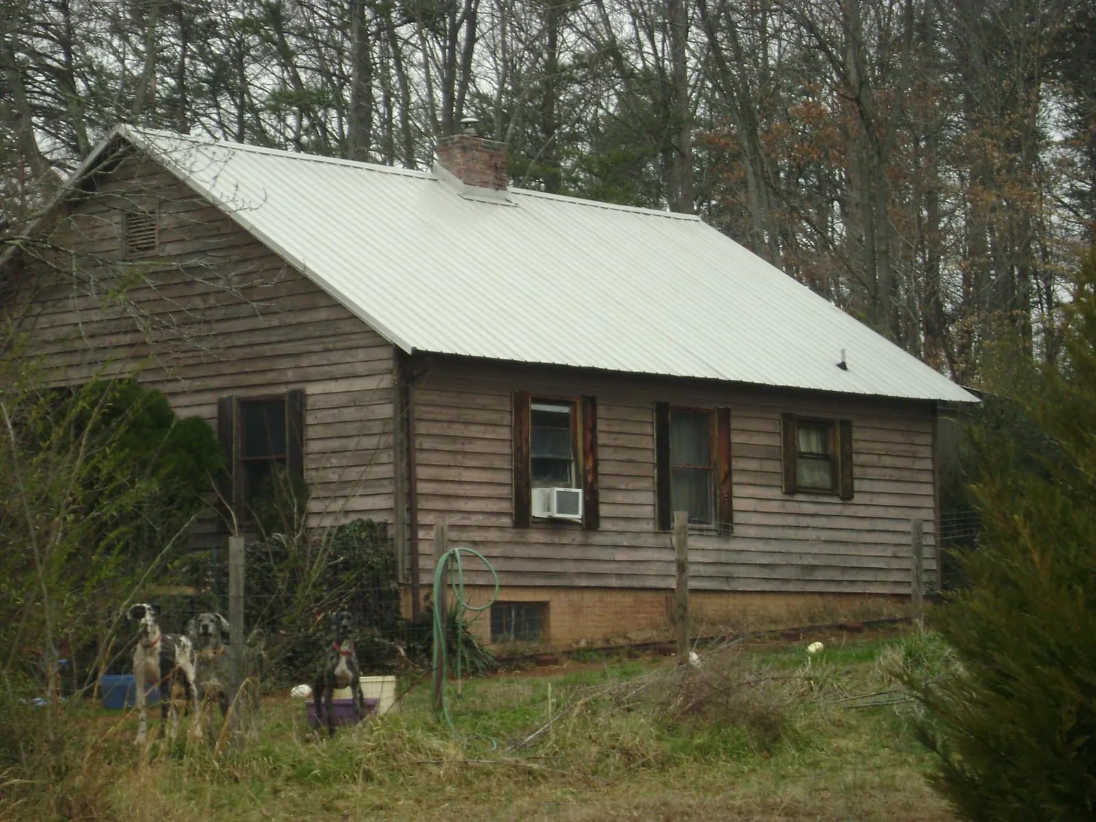 White metal roof on an old wood sided farmhouse, from a Metal Roof Installation job in Idyllwild